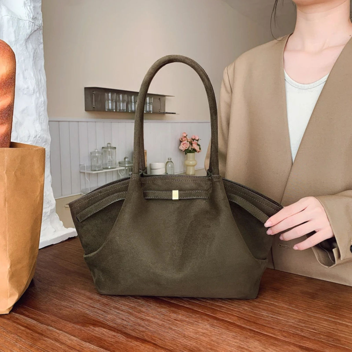 Vintage Suede Underarm Bag & Solid Color Satchel for Women's
