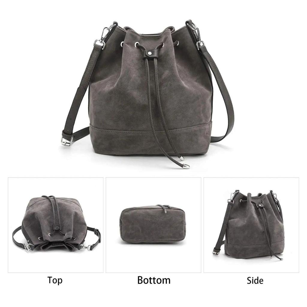 AFKOMST Leather Bucket Bag – Drawstring Crossbody Purse with 2 Straps