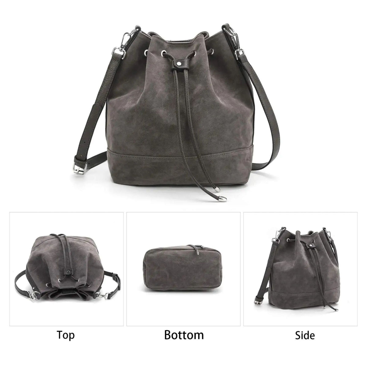 AFKOMST Leather Bucket Bag – Drawstring Crossbody Purse with 2 Straps