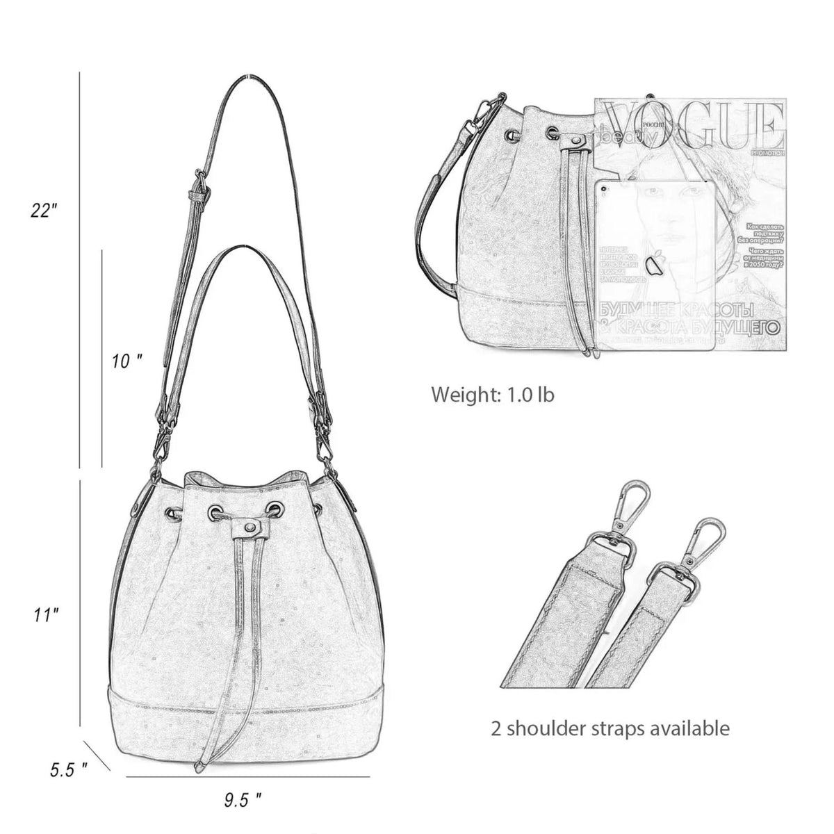 AFKOMST Leather Bucket Bag – Drawstring Crossbody Purse with 2 Straps
