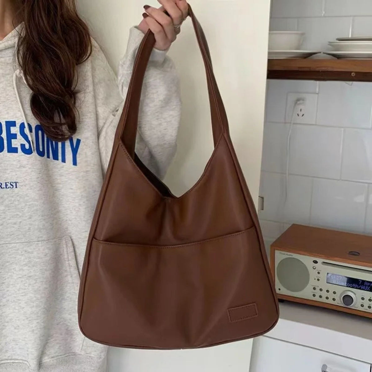Fashionable Casual Tote & Black Leather Shoulder Bag For Women's