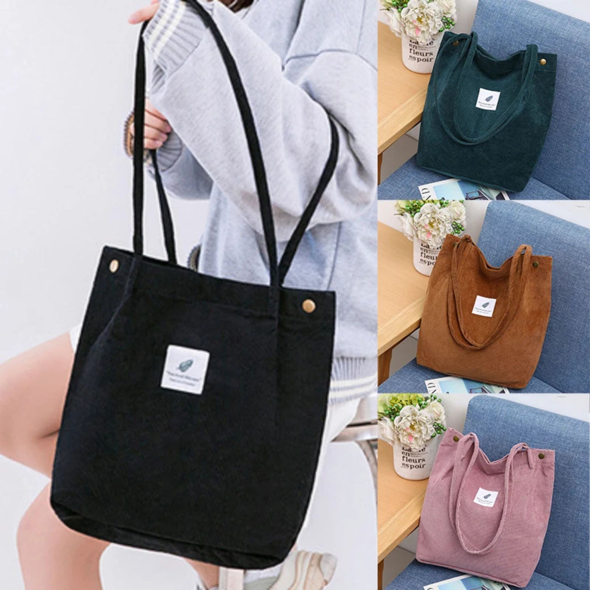 Large Capacity Solid Color Corduroy Handbag for Women's