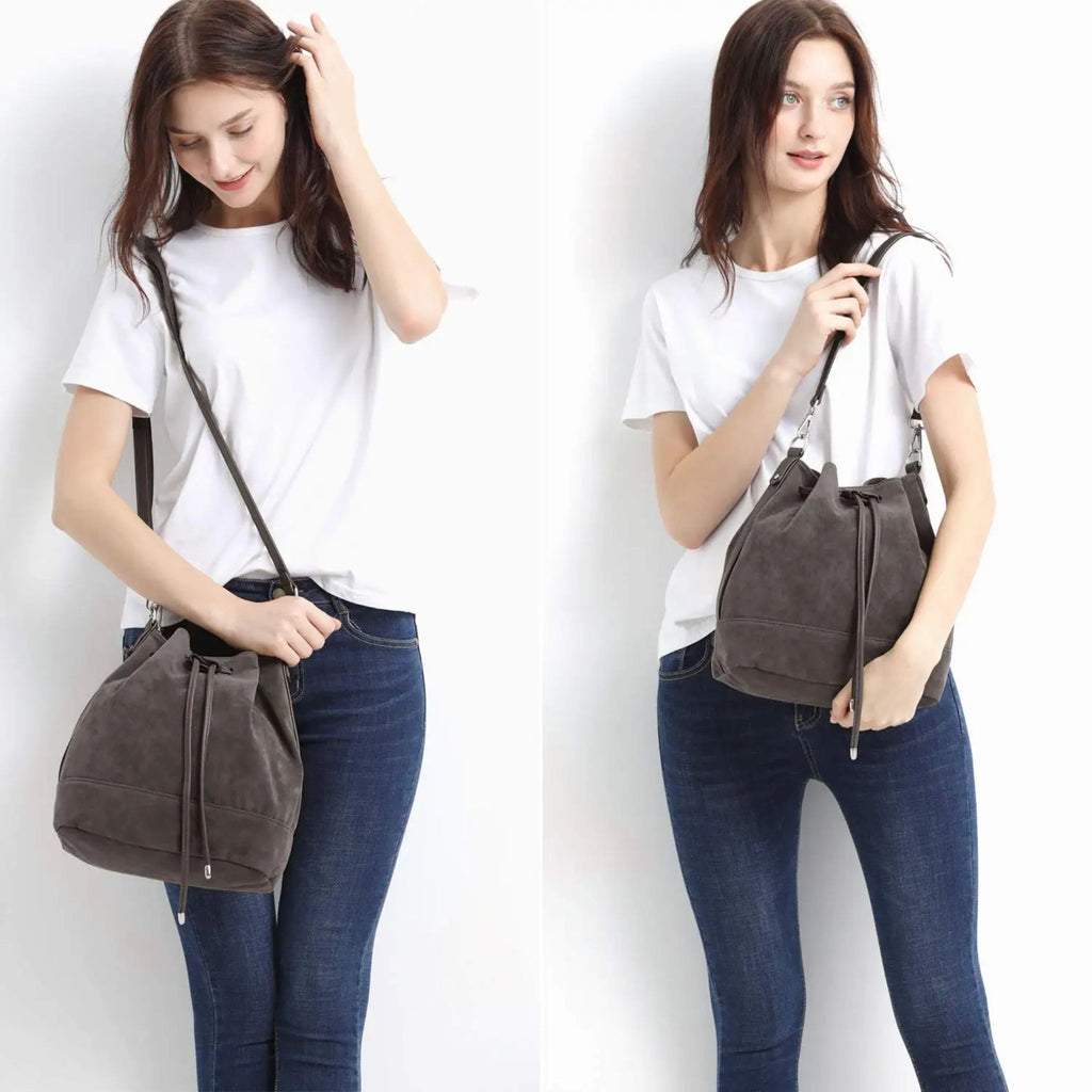 AFKOMST Leather Bucket Bag – Drawstring Crossbody Purse with 2 Straps