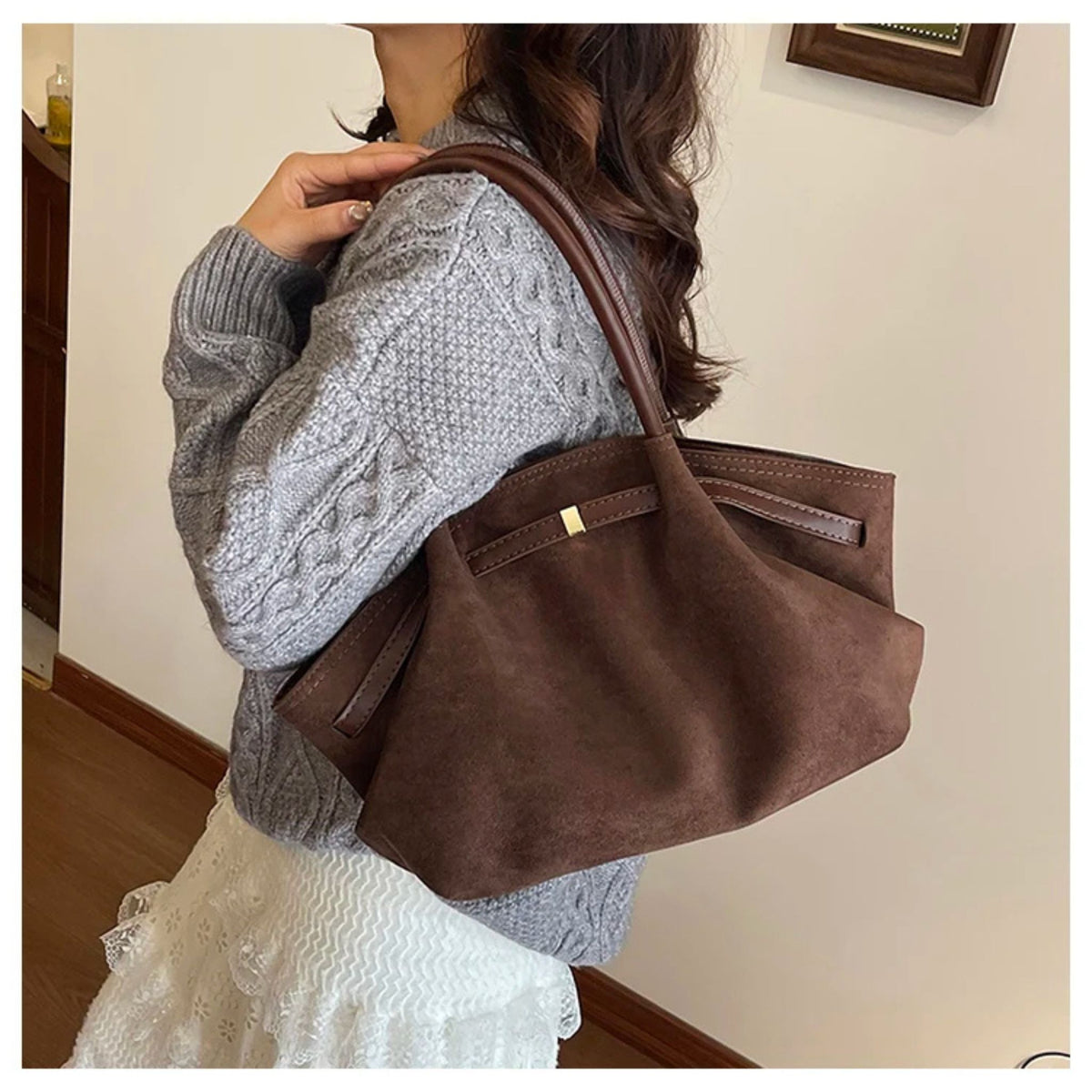 Vintage Suede Underarm Bag & Solid Color Satchel for Women's