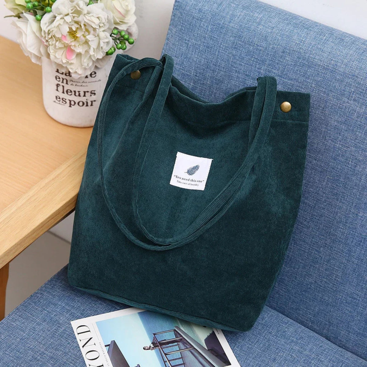 Large Capacity Solid Color Corduroy Handbag for Women's